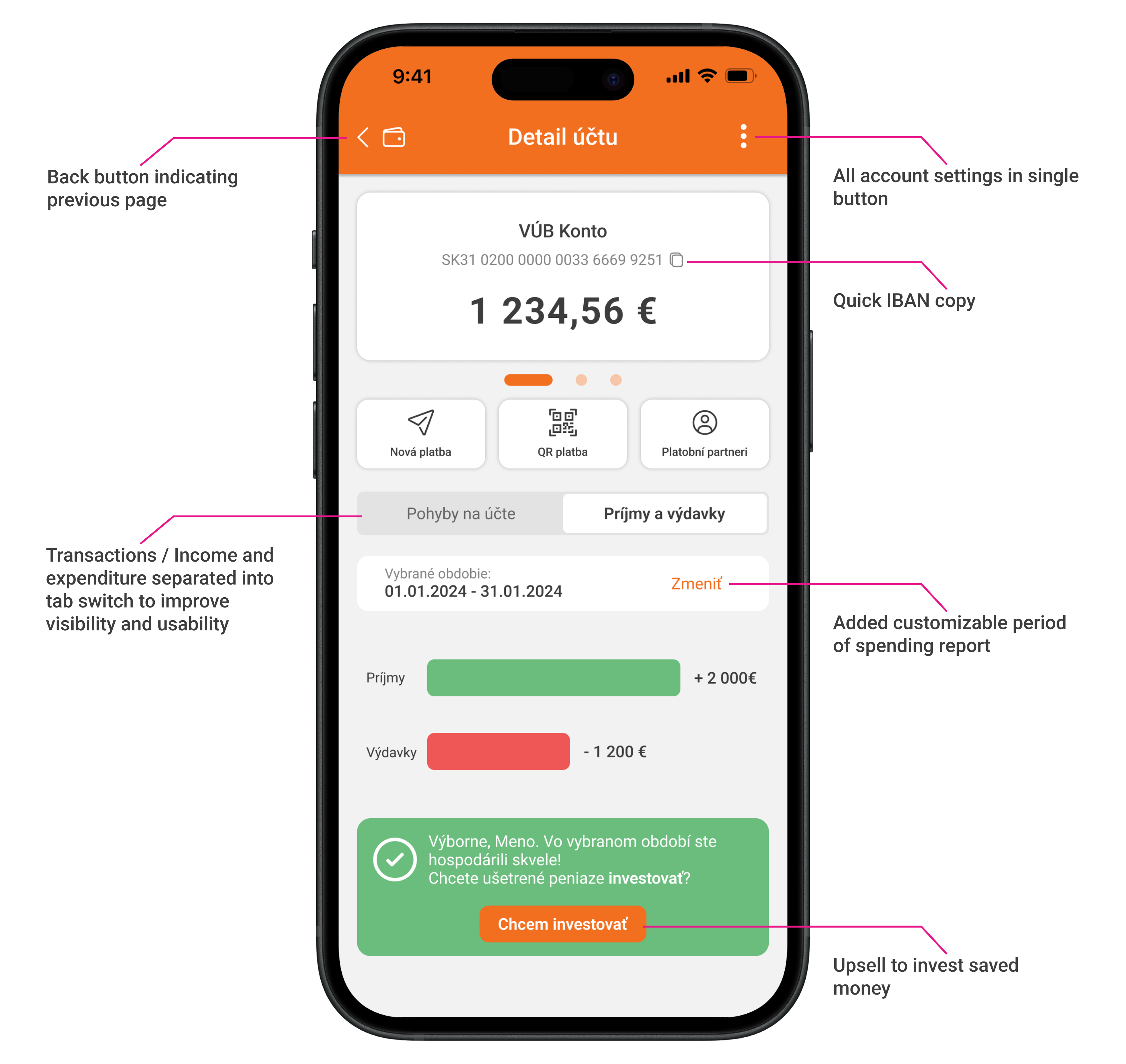 After: VÚB Banking App account detail view redesign